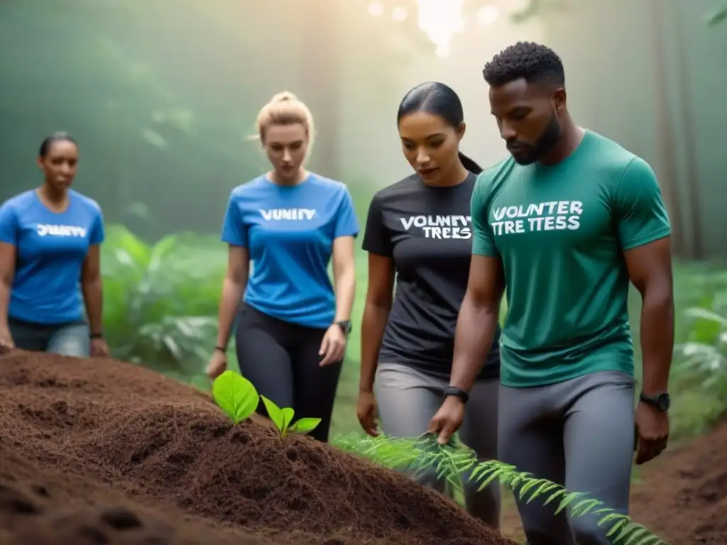 Grupo diverso de voluntarios plantando árboles en un bosque verde, uniendo Big Data, tecnología y comunidad para el empoderamiento ambiental