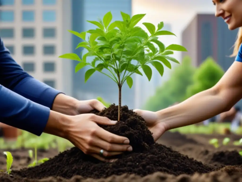 Un grupo diverso de voluntarios plantando árboles jóvenes en una bulliciosa ciudad