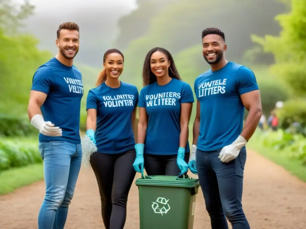 Un grupo diverso de voluntarios recogiendo basura en un parque, mostrando la comunidad y la conciencia ambiental