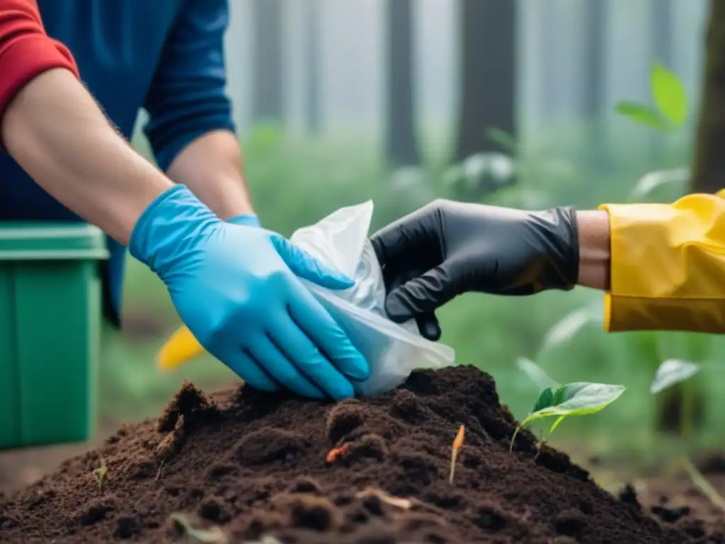 Grupo diverso de voluntarios recolectando basura en la naturaleza