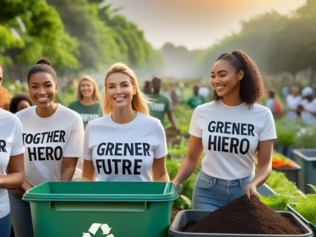 Un grupo diverso de voluntarios, con camisetas blancas de 'Zero Waste Hero', trabajan juntos en un jardín comunitario