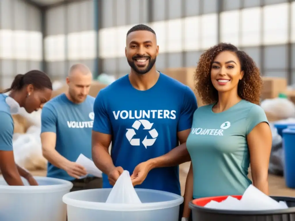 Un grupo diverso de voluntarios en un centro de reciclaje, clasificando materiales