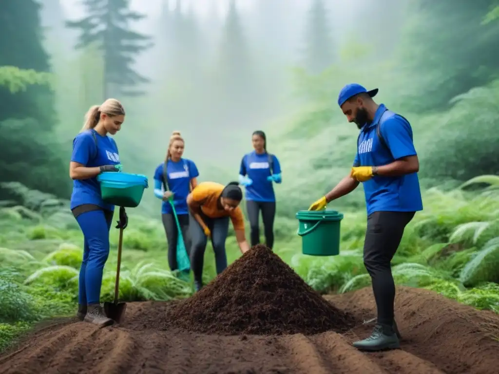 Grupo diverso de voluntarios comprometidos en el cuidado ambiental, trabajando juntos en el bosque