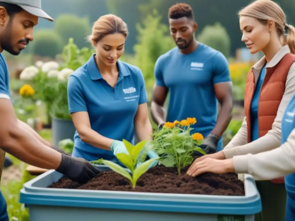 Un grupo diverso de voluntarios en un jardín comunitario, plantando árboles y flores, rodeados de reciclaje y compostaje