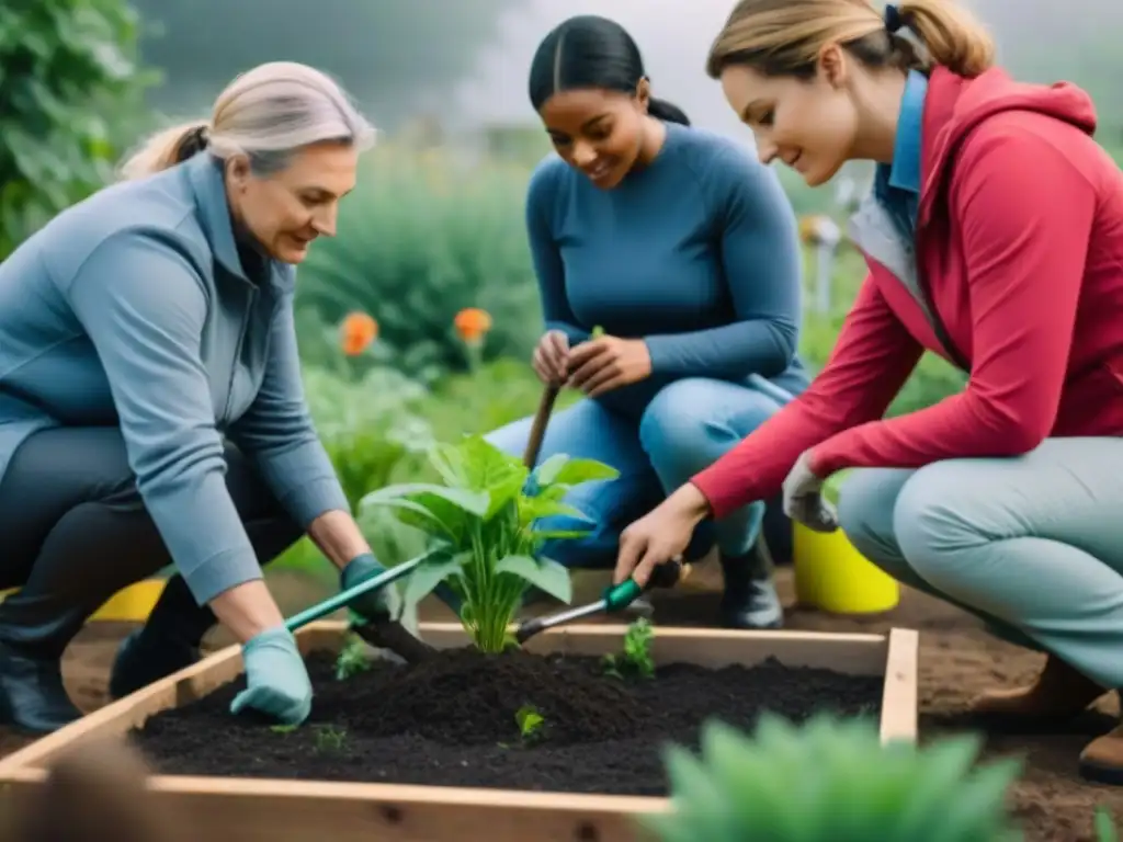 Un grupo diverso de voluntarios colabora en un jardín comunitario, rodeados de vegetación y herramientas de jardinería sostenible