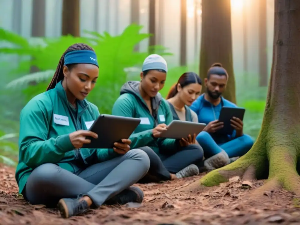 Grupo diverso de voluntarios en empoderamiento ambiental, recolectando datos en un bosque verde