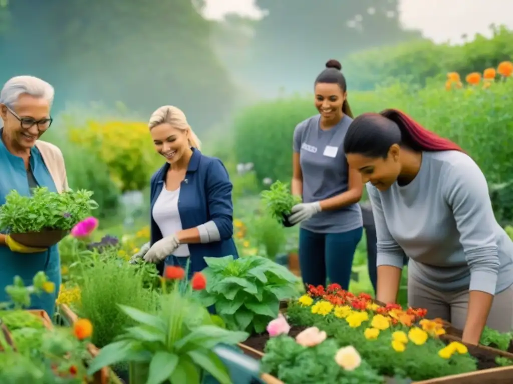 Un grupo diverso de voluntarios trabaja en un huerto comunitario rodeado de verde y flores, promoviendo un estilo zero waste