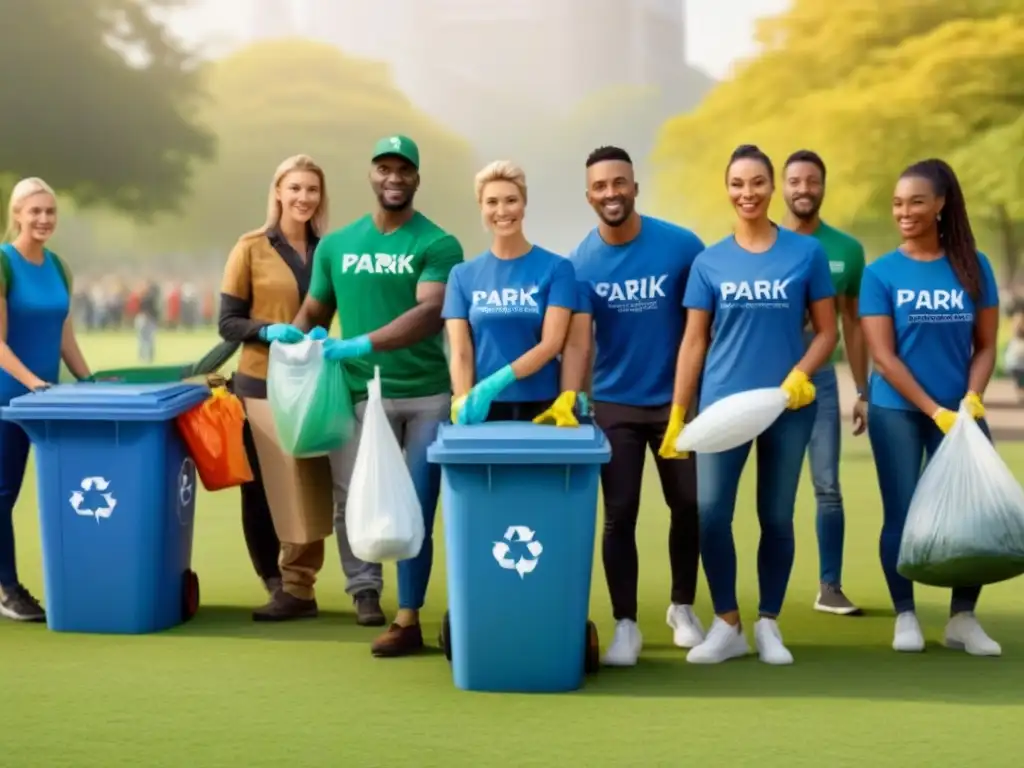 Un grupo diverso de voluntarios limpia un parque, promoviendo el voluntariado reciclaje estilo vida sostenible