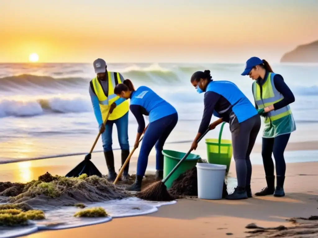 Un grupo diverso de voluntarios limpia una playa contaminada, promoviendo el empoderamiento comunitario a través del voluntariado ambiental