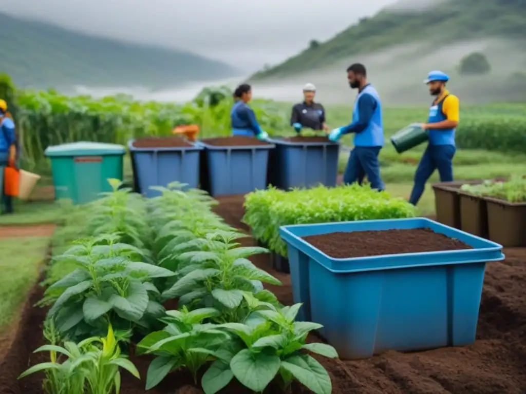 Un grupo diverso de voluntarios de todo el mundo trabajando armoniosamente en un jardín comunitario zerowaste