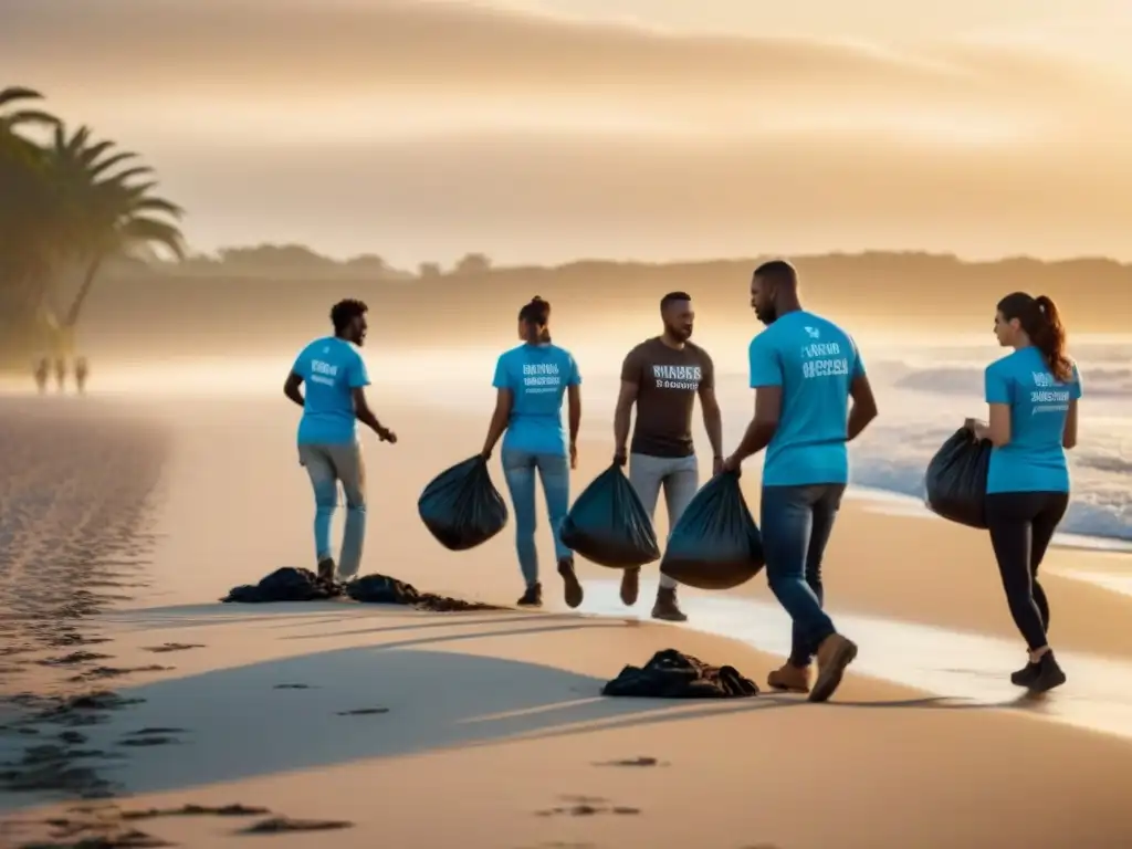 Grupo diverso de voluntarios limpiando una playa al amanecer, transmitiendo unidad y cuidado ambiental