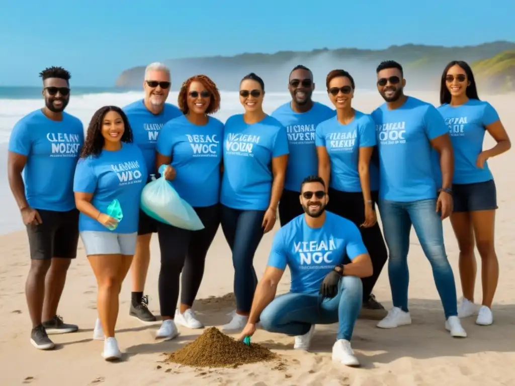 Voluntarios unidos limpian playa por un planeta sin residuos Grupo diverso de voluntarios limpiando la playa con camisetas de ONG Zero Waste, bajo cielos azules