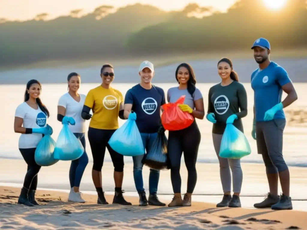 Un grupo diverso de voluntarios en una playa limpia al atardecer, unidos por el voluntariado limpieza playas ríos