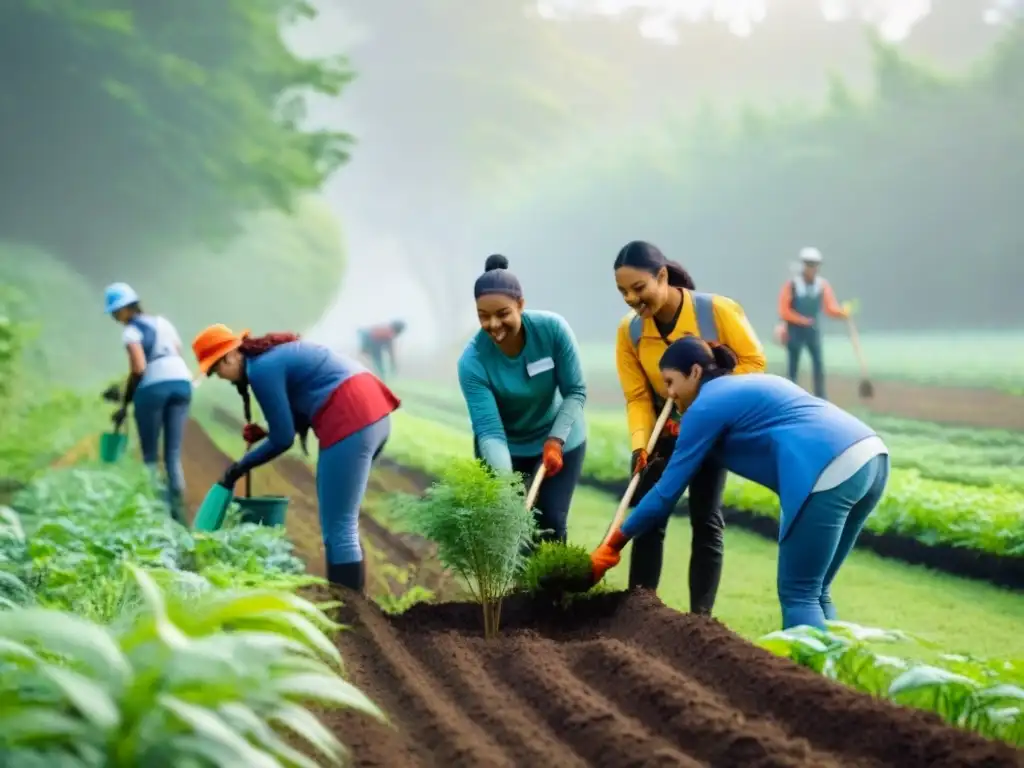 Un grupo diverso de voluntarios trabaja en proyectos comunitarios en un corredor biológico sostenible