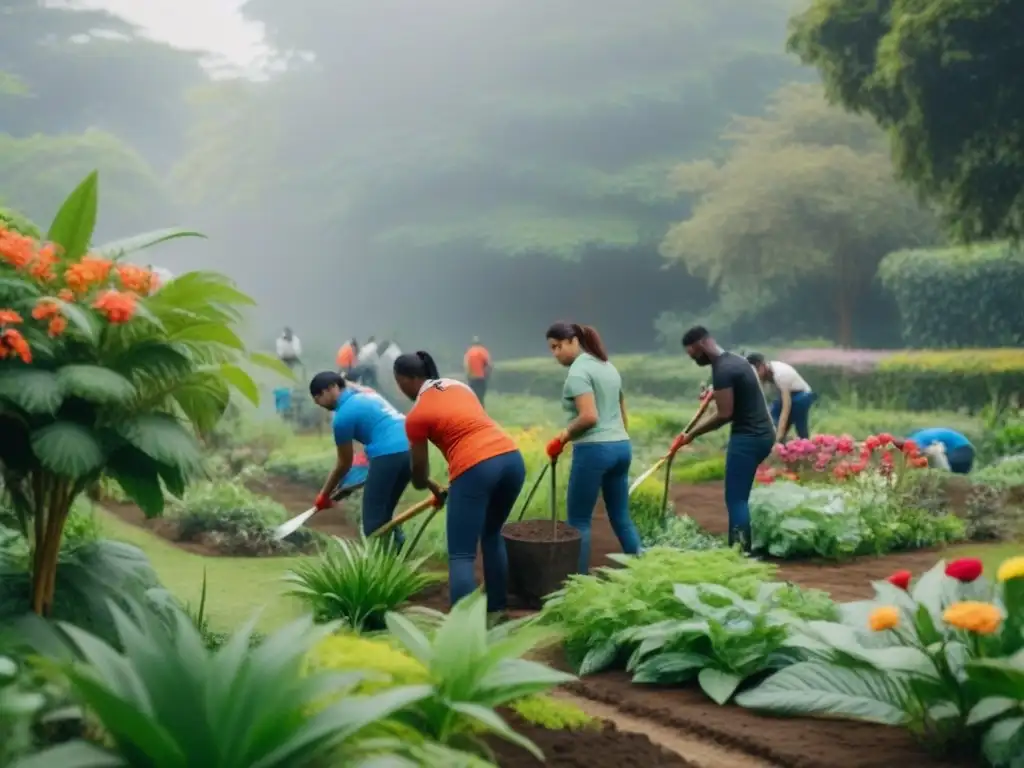 Un grupo diverso de voluntarios colaborando en un jardín sostenible