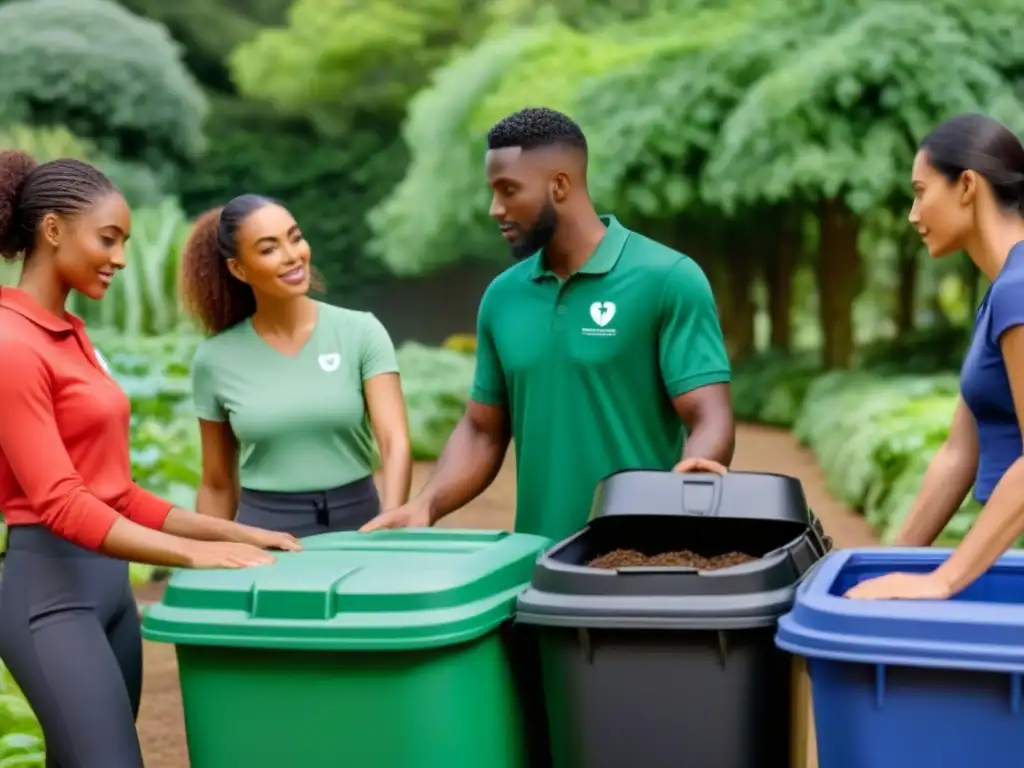 Un grupo diverso de voluntarios trabaja unido en un jardín verde, separando materiales reciclables y desechos orgánicos