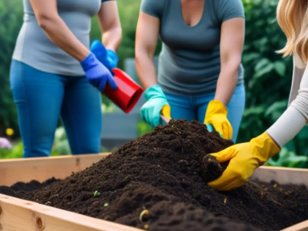 Un grupo diverso de voluntarios trabaja unidos en un jardín comunitario, practicando compostaje para reducir desperdicios