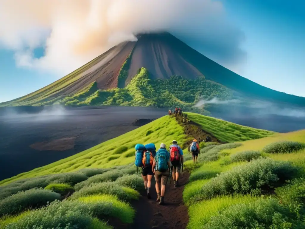 Un grupo de excursionistas subiendo por una montaña verde hacia un volcán humeante