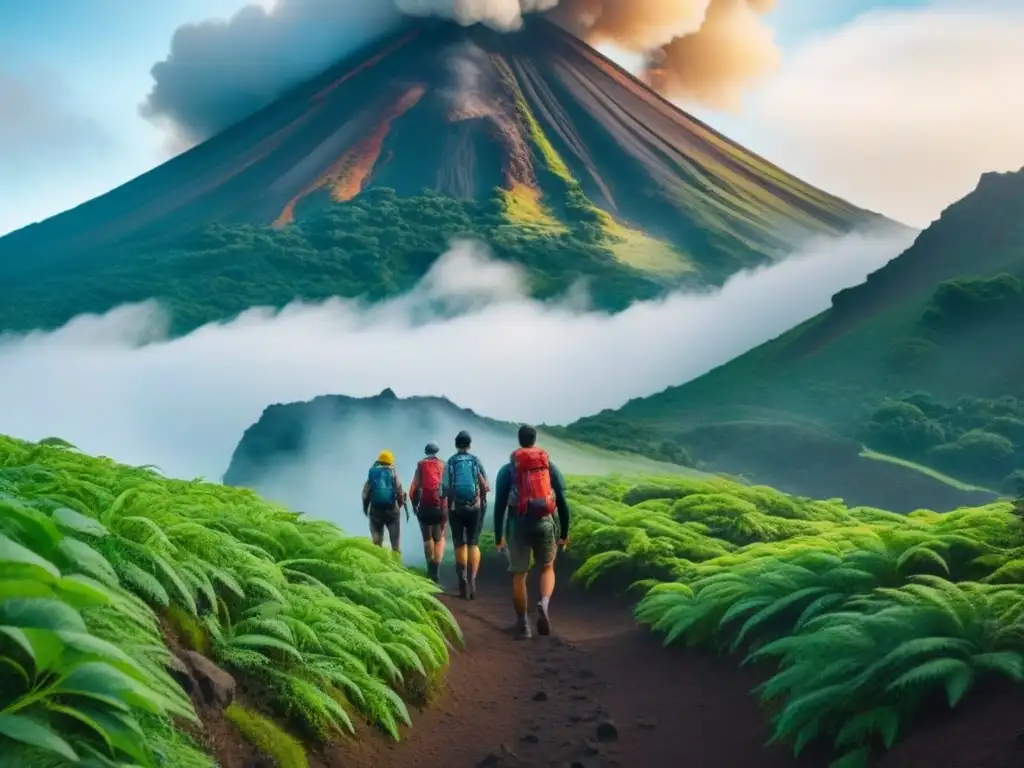 Un grupo de excursionistas en ruta sostenible para explorar volcanes, ascendiendo hacia un majestuoso volcán humeante