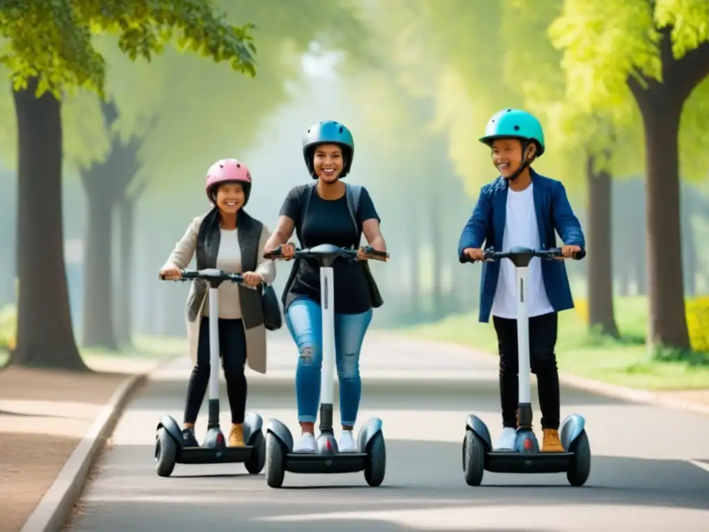 Grupo de niños montando alegres scooters eléctricos sostenibles en un parque arbolado bajo cielo azul