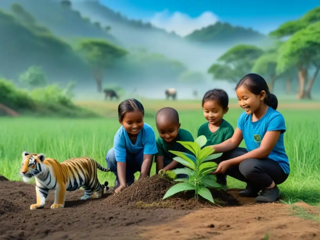 Un grupo de niños diversos plantan árboles juntos en un bosque verde, rodeados de animales en peligro de extinción