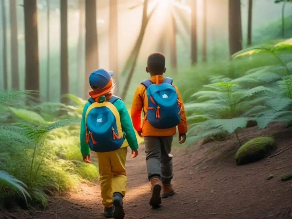 Un grupo de niños diversos explorando felizmente un bosque verde en una reserva ecológica protegida