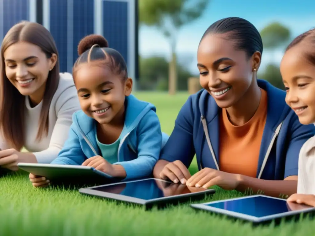 Un grupo de niños de diversas edades y etnias, sonriendo y usando apps educativas de sostenibilidad en tablets