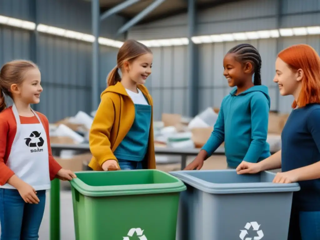 Grupo de niños felices clasificando residuos en centro de reciclaje, promoviendo mentalidad zero waste nuevas generaciones