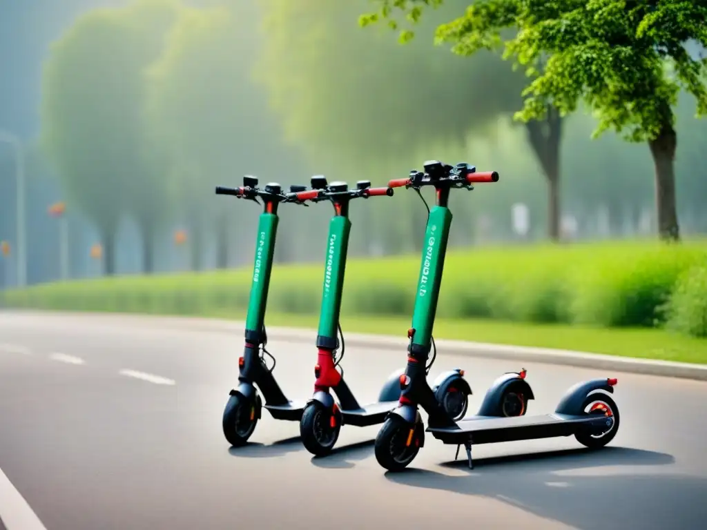 Grupo de niños felices montando scooters eléctricos en un parque urbano sostenible