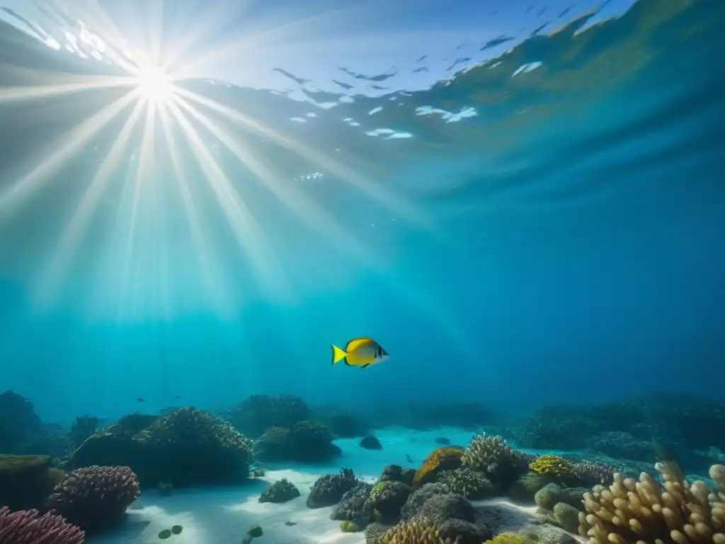 Un grupo de peces coloridos y diversos nada grácilmente en aguas cristalinas, iluminados por rayos de sol