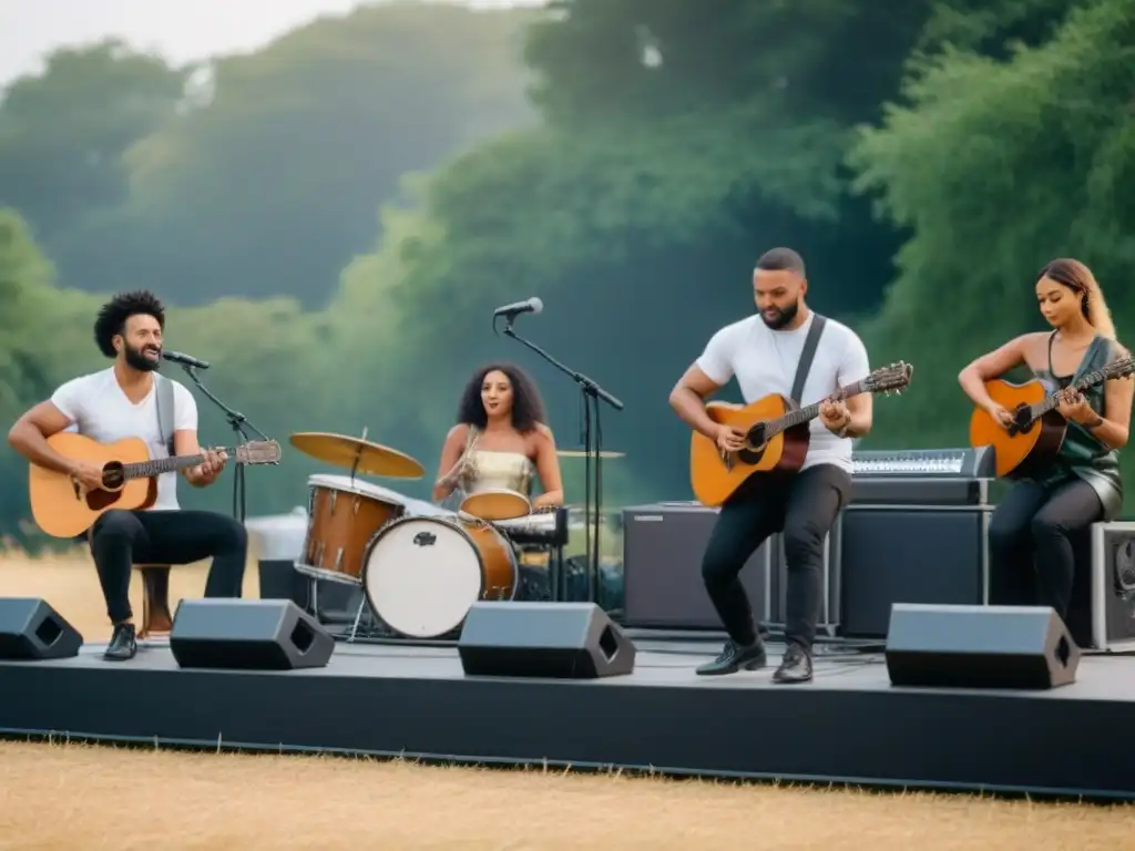 Grupo variado de músicos en escenario ecofriendly rodeado de naturaleza, practicando estilo de vida sostenible zero waste