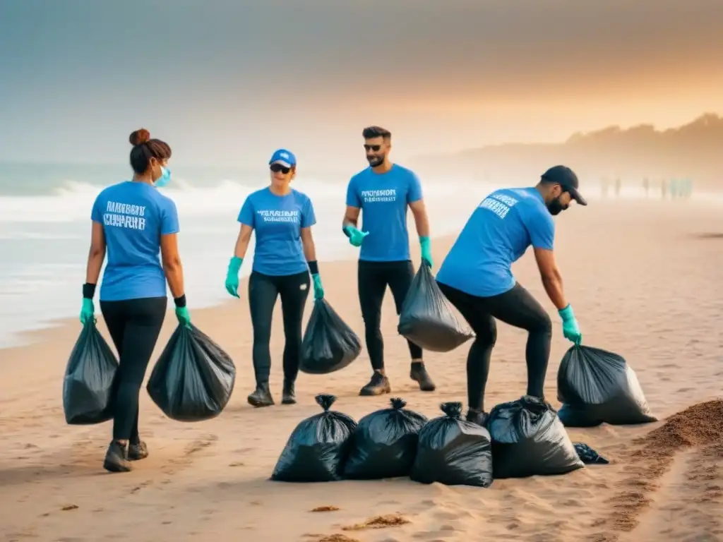 Un grupo de voluntarios con camisetas iguales limpia una playa al amanecer