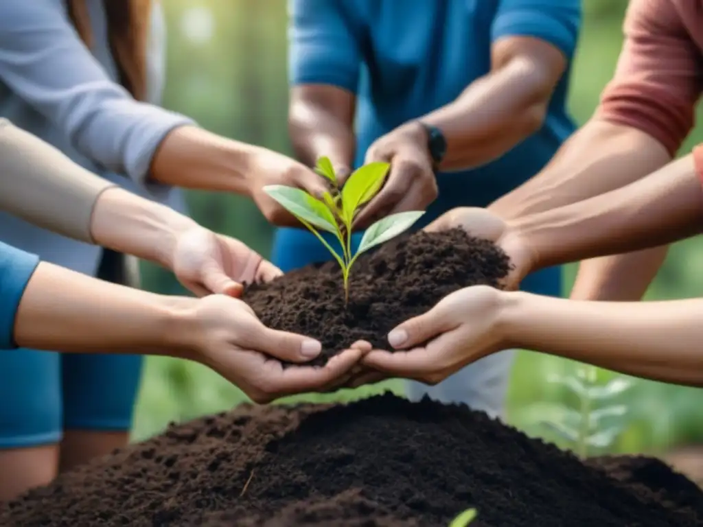 Un grupo de voluntarios diversos plantando árboles en un parque local bajo el cielo azul, destacando la colaboración y la ecología