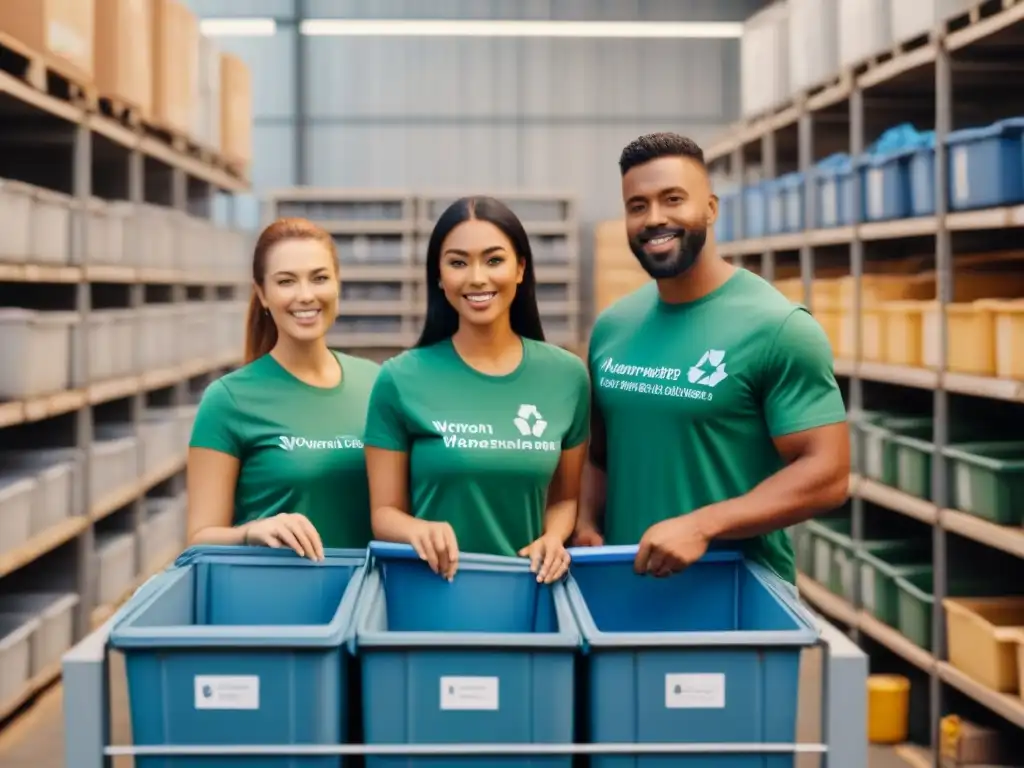 Un grupo de voluntarios diversos trabajando juntos en un centro de reciclaje, clasificando materiales en diferentes contenedores