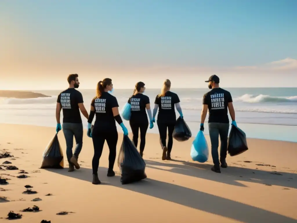 Grupo de voluntarios limpiando una playa al amanecer, unidos por la naturaleza