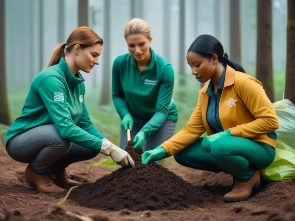 Un grupo de voluntarios sostenibles zero waste trabajando en armonía con la naturaleza en un bosque verde