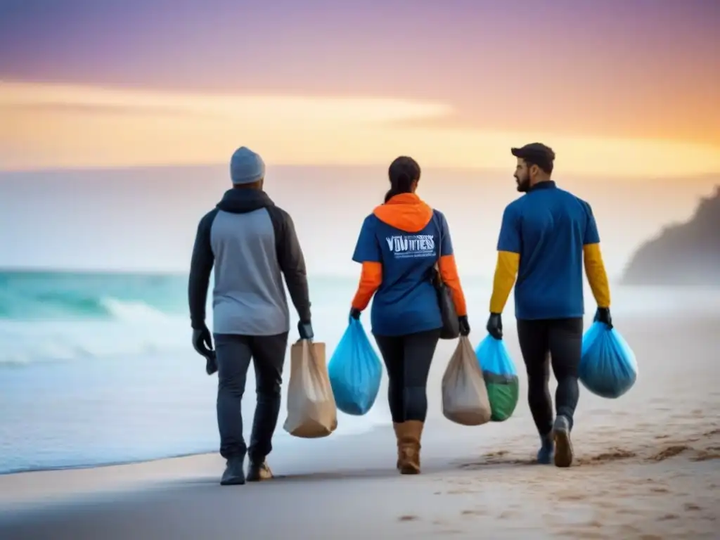 Un grupo de voluntarios diversos camina unido por la playa al amanecer, llevando guantes y bolsas reutilizables