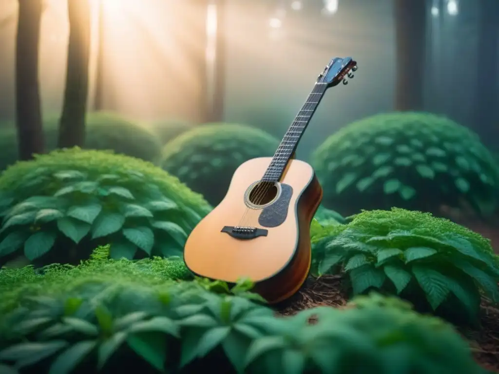 Una guitarra acústica eco-friendly reciclada, con diseño moderno y cuerpo de madera reutilizada, entre vegetación