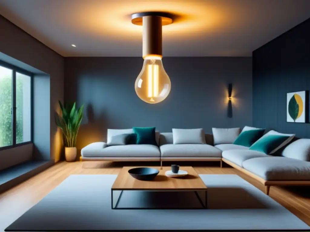 Una habitación ecofriendly iluminada por una moderna bombilla LED, que simboliza los Beneficios iluminación LED sostenible