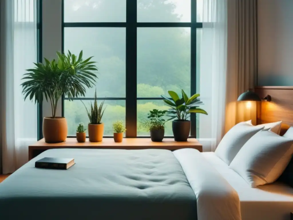 Una habitación serena con cama simple, plantas, ventana al jardín verde y libros