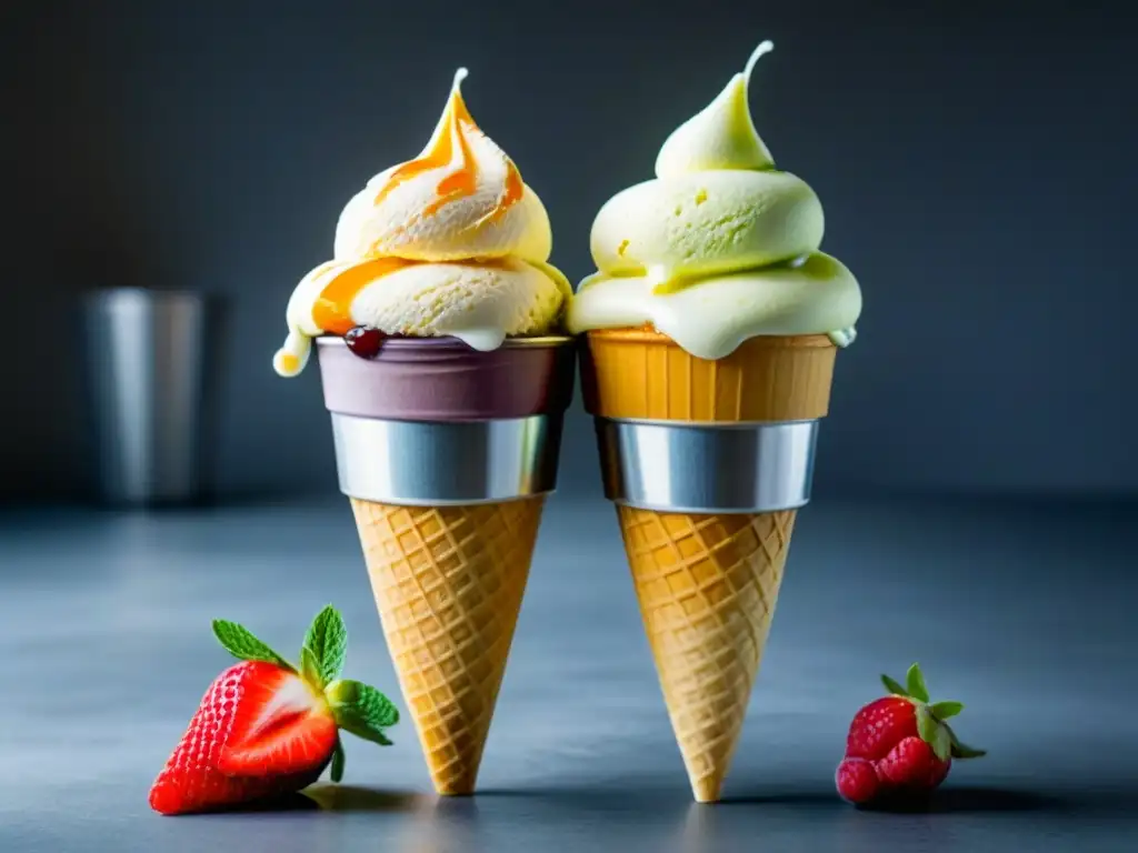 Dos helados opuestos: uno comercial con envase plástico y colorantes, y otro casero zero waste con frutas frescas