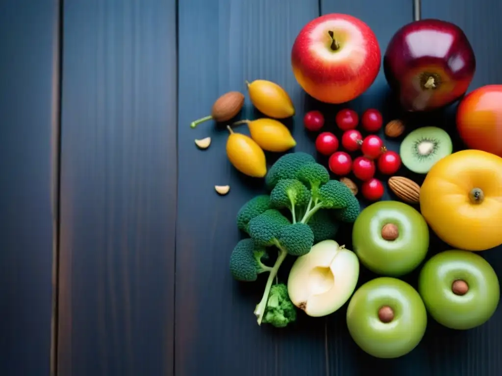 Una hermosa composición de frutas, verduras, frutos secos y semillas sobre una mesa de madera oscura