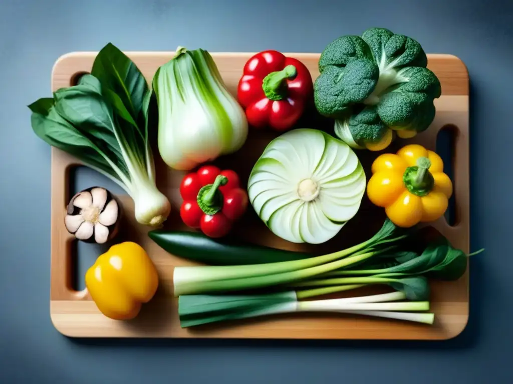 Una hermosa composición de verduras frescas y hierbas sobre una tabla de cortar de bambú, representando la esencia de la cocina asiática sostenible