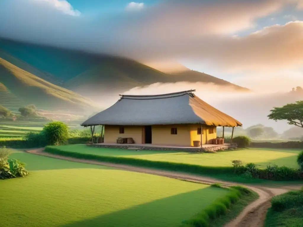 Hermosa construcción sostenible en zona rural al amanecer, rodeada de naturaleza exuberante