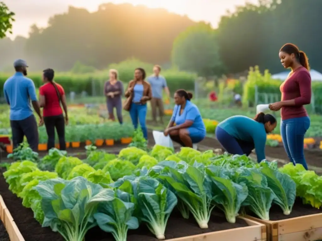 Una hermosa escena de colaboración en un huerto comunitario con frutas y verduras coloridas al atardecer