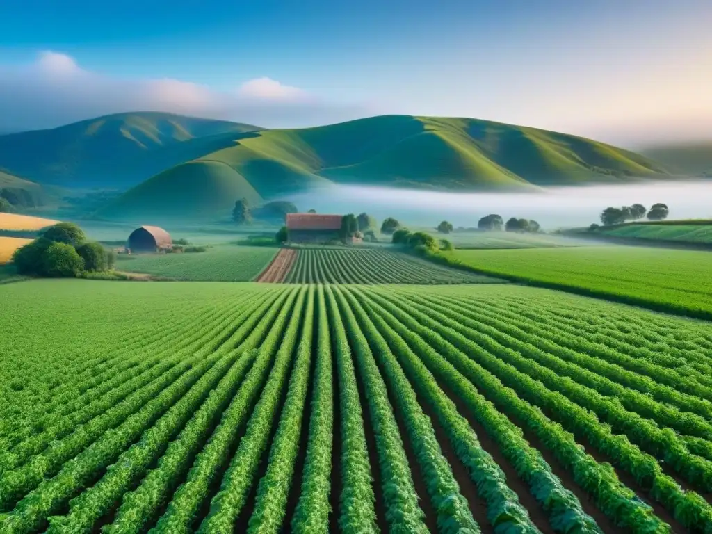 Hermosa granja de agricultura regenerativa sostenible, con cultivos variados y árboles frutales bajo cielo azul