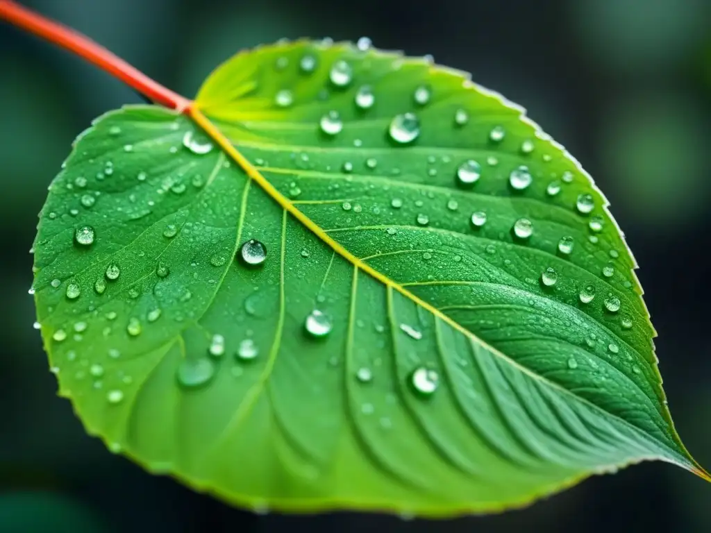 Hermosa hoja verde con gotas de agua brillantes bajo luz natural, detallando patrones naturales para conciencia ambiental