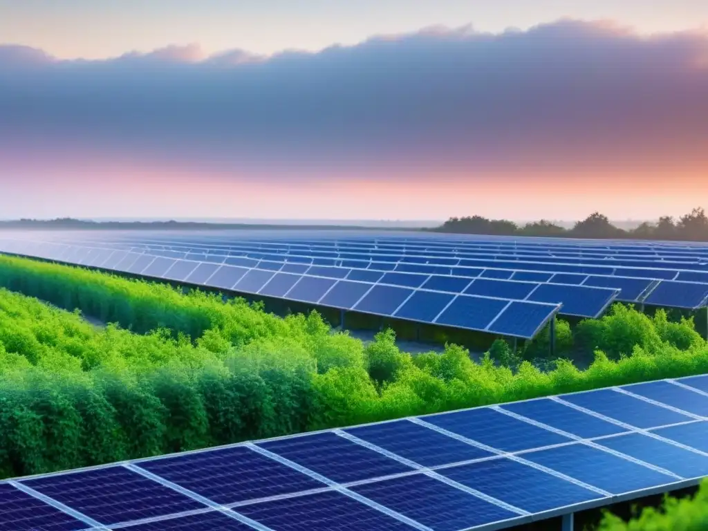 Hermosa planta de reciclaje sostenible al atardecer, fusionando tecnología y naturaleza