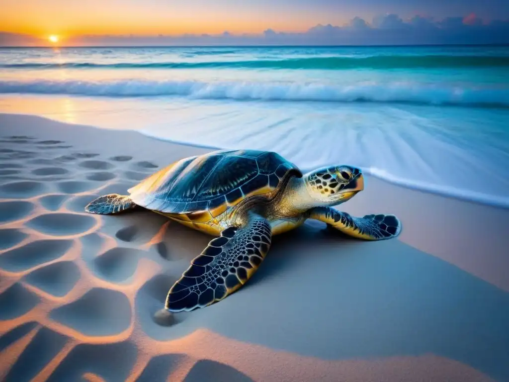 Hermosa playa de arena blanca y aguas turquesas, con tortuga marina rodeada de arrecifes de coral coloridos