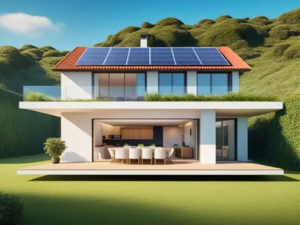 Hermosa vivienda sostenible económica con paneles solares, rodeada de naturaleza